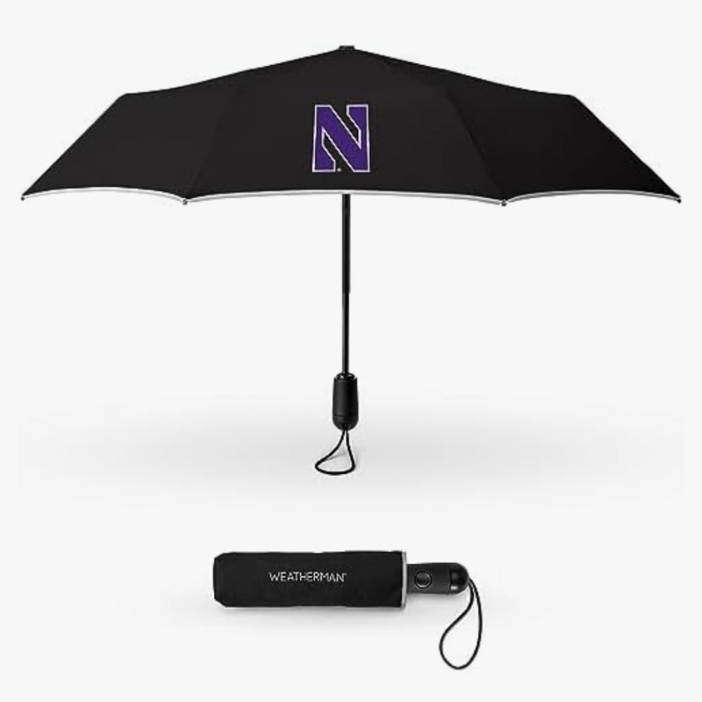 NEW Weatherman NORTHWESTERN UNIVERSITY Logo Travel Umbrella Black Wind Resistant